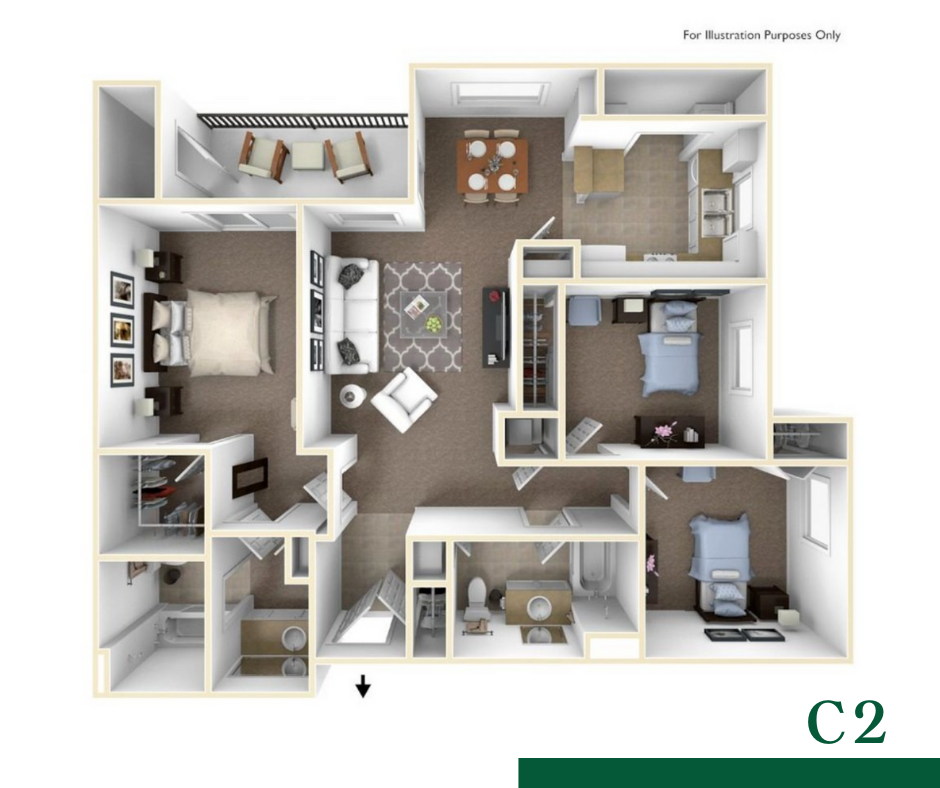 Floor plan for 3 beds, 2 baths, 1196 sqft